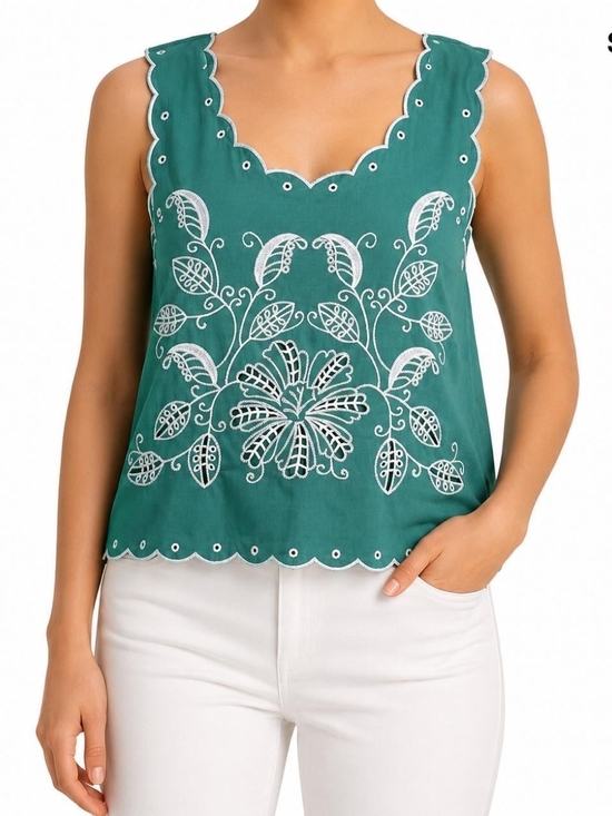 Christian Siriano Tops - Christian Siriano Teal Embroidered Scallop-Cut Camisole